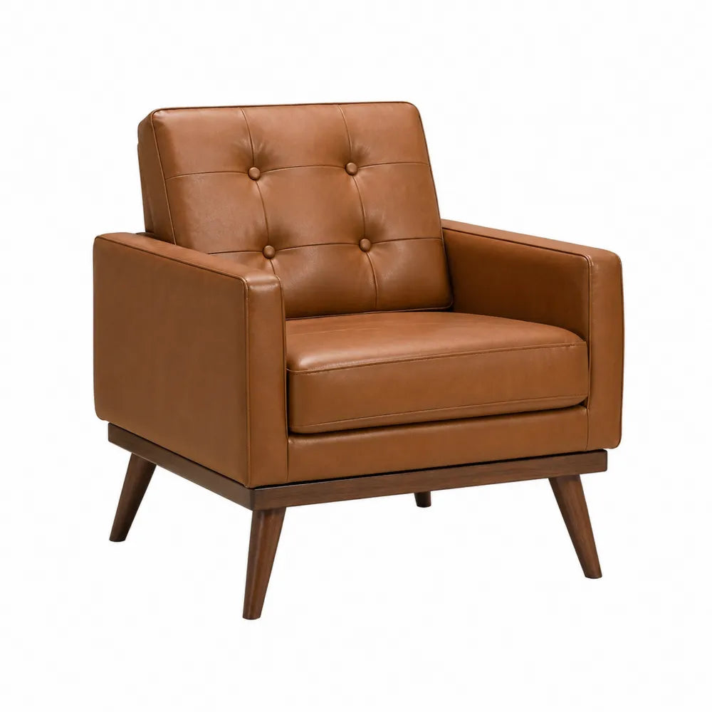 Sillón de cuero sintético marrón con patas de madera