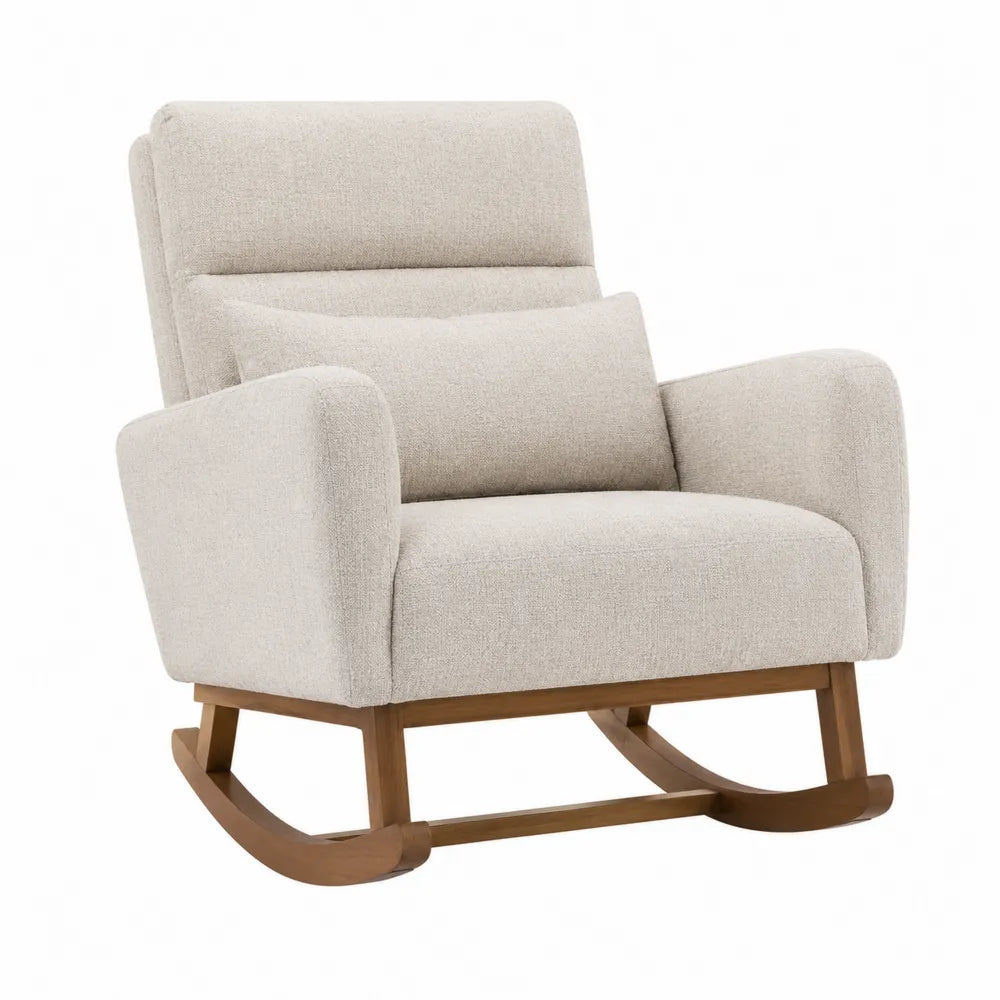 Mecedora de tela poliéster beige con base de madera maciza