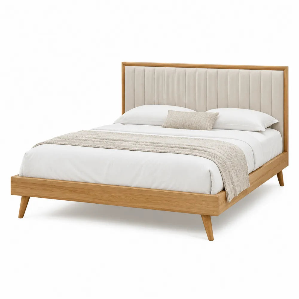 Cama doble de roble con cabecero tapizado en beige 200x160 cm