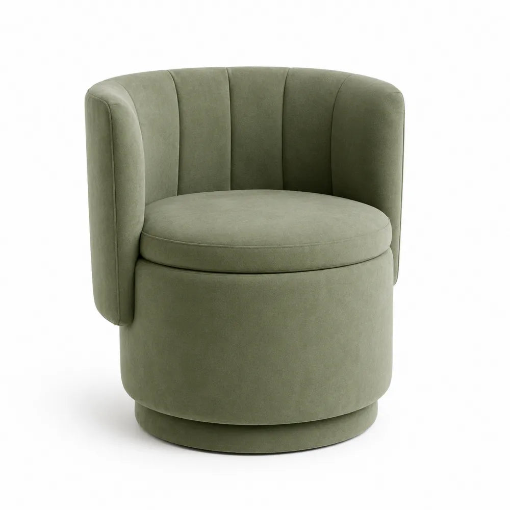 Silla giratoria de tela verde oliva con respaldo semicircular