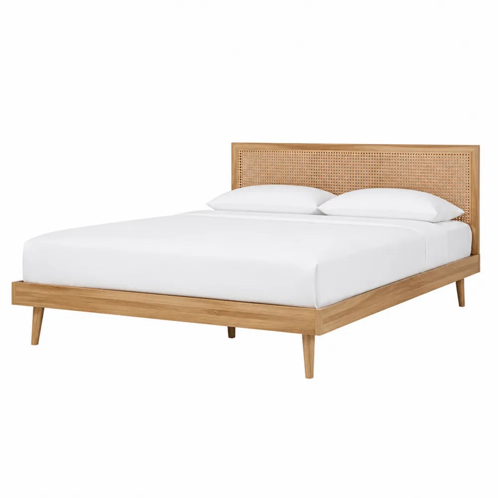 Cama doble de madera y ratán natural con colchón y almohadas 200x160 cm