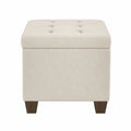 Taburete de tela beige con patas de madera