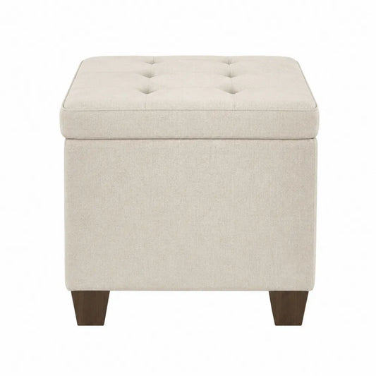 Taburete de tela beige con patas de madera