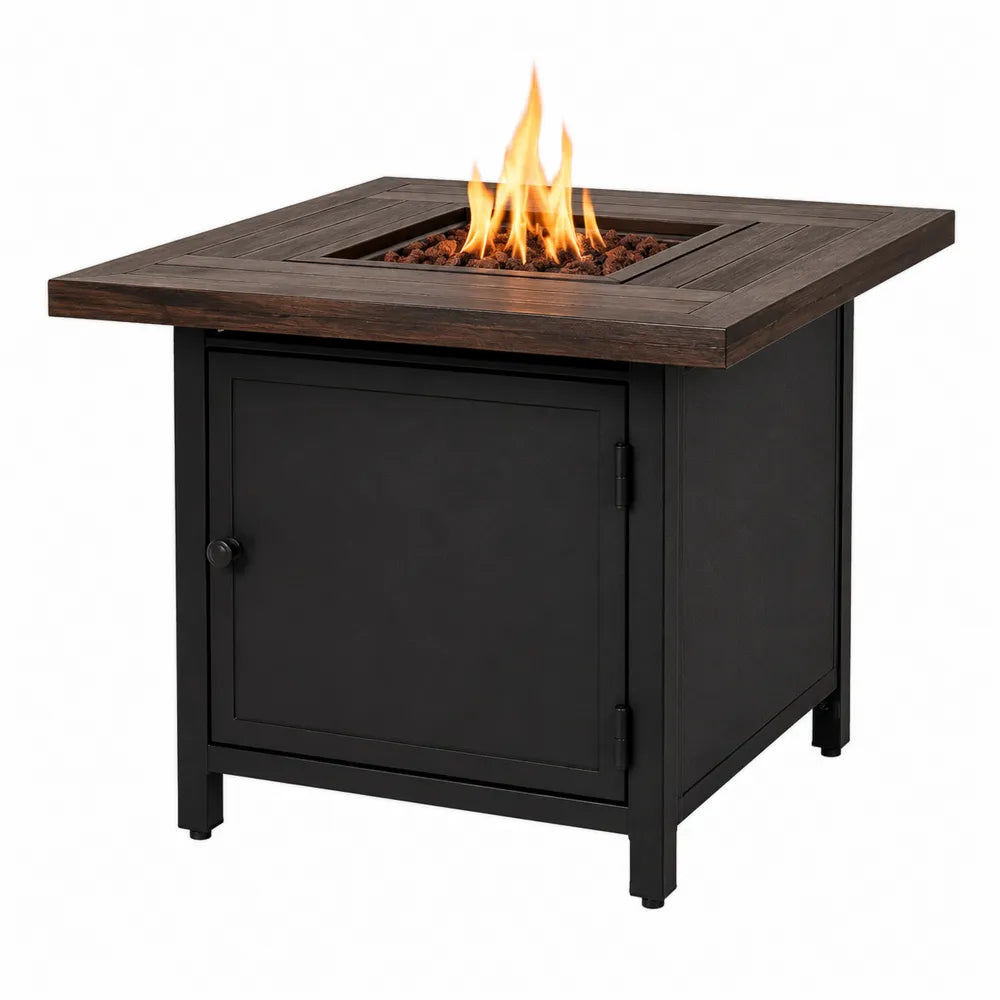 Mesa de fuego de acero y madera negra para exteriores 80x80x70cm