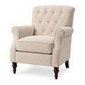 Sillón de tela de lino beige con patas de madera