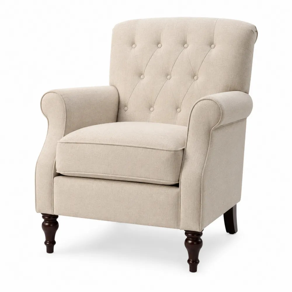 Sillón de tela de lino beige con patas de madera