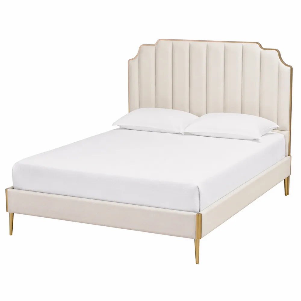 Cama tapizada de metal y poliéster beige 200x150 cm